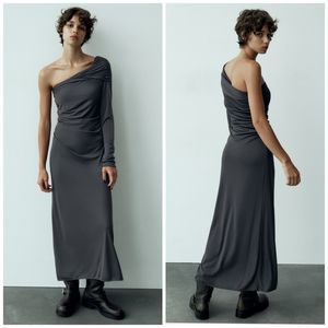 NEW Zara Draped Asymmetrical Midi Dress in Grey